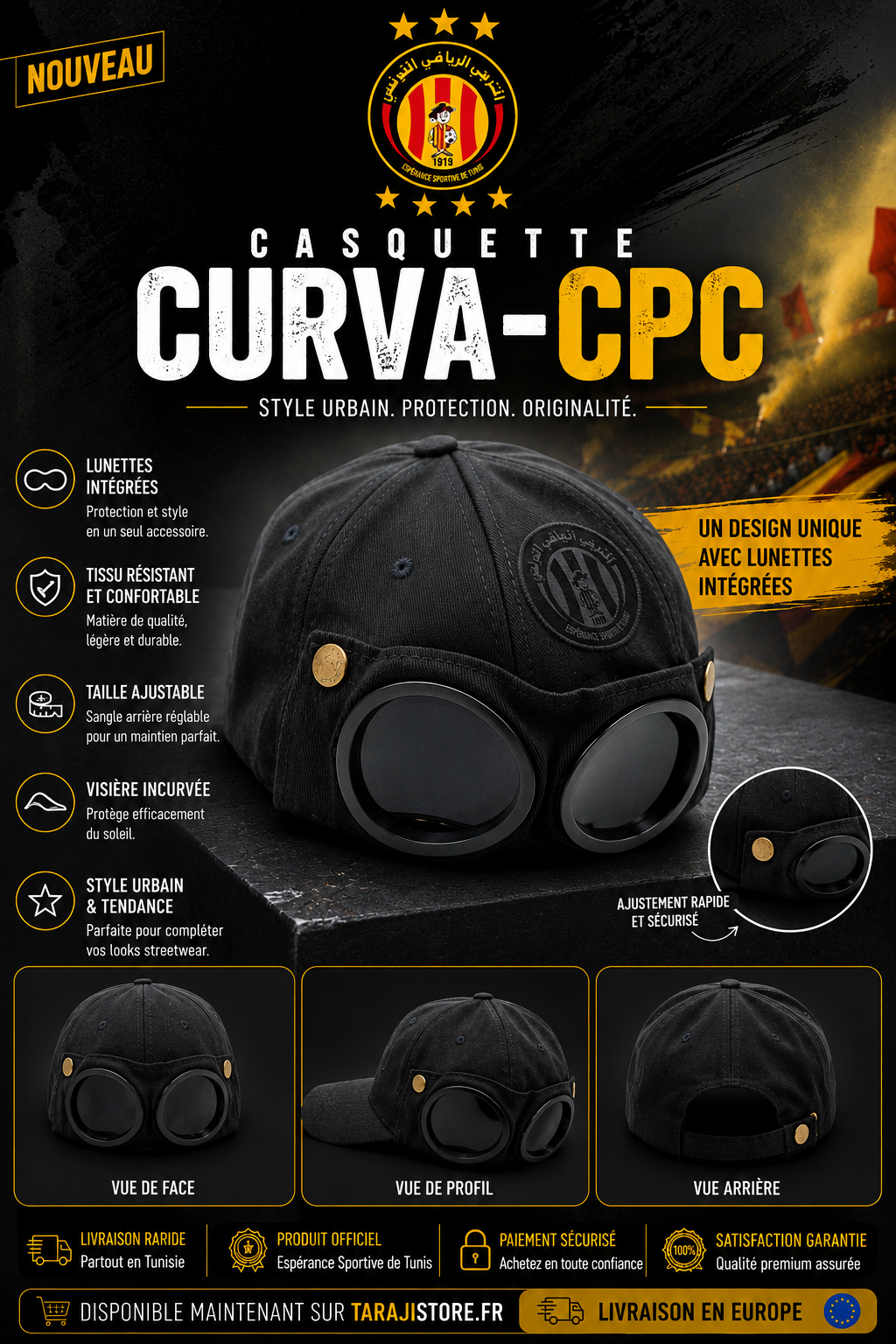 Casquette Curva-CPC Noire avec Lunettes Intégrées – Espérance Sportive de Tunis