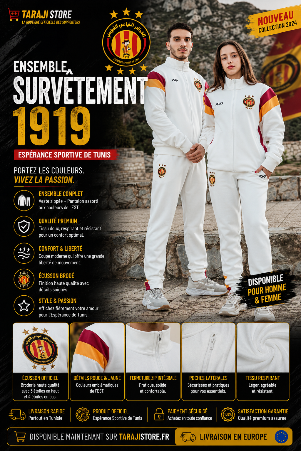 Ensemble Survêtement Espérance Sportive de Tunis 1919 – Veste & Pantalon Officiel