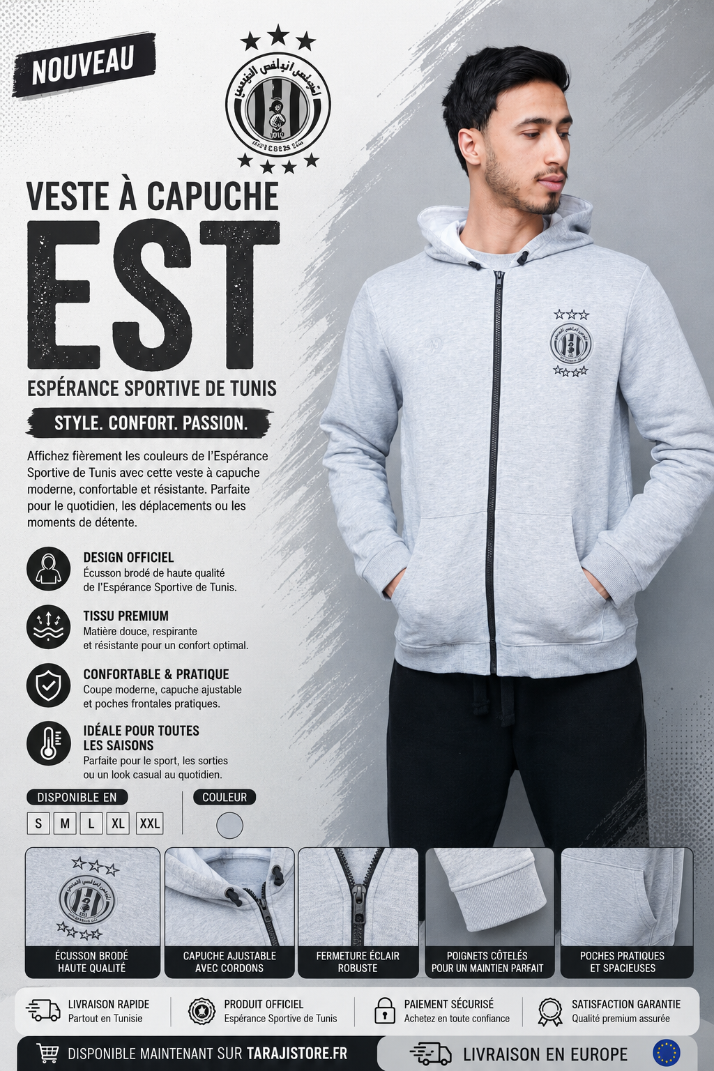 Veste à Capuche EST – Espérance Sportive de Tunis | Hoodie Officiel Supporter