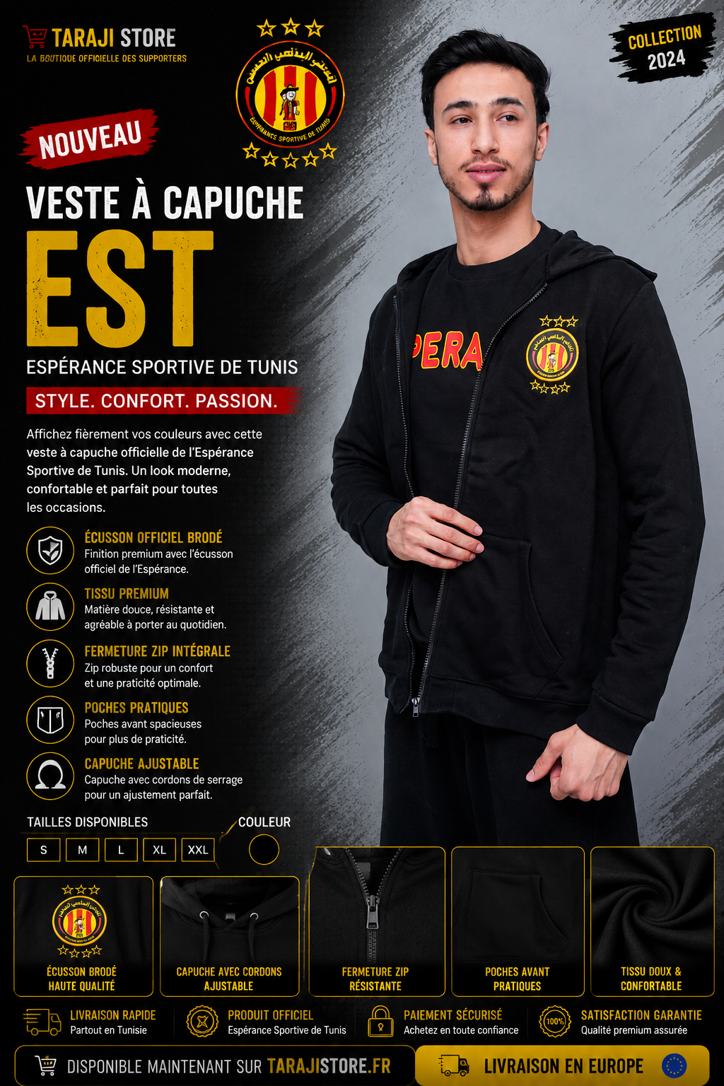 Veste à Capuche EST – Espérance Sportive de Tunis | Hoodie Officiel Supporter